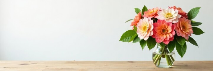 Fototapeta premium Freshly cut flower bouquet on a simple wooden table in front of white wall, greenery, bouquet, vase