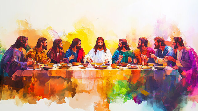 The Last Supper: A Watercolor Biblical Illustration Depicting Jesus and His Disciples on Maundy Thursday from the New Testament

