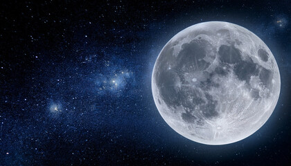 Beautiful glowing big fullmoon on a dark night sky full of stars background