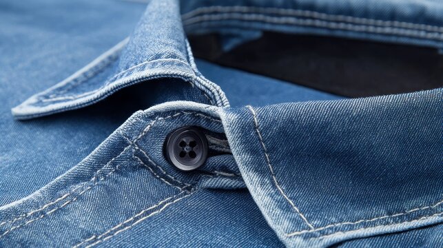 Close-up of a blue denim shirt collar with visible stitching details and textured fabric. Classic casual fashion concept highlighting rugged style, durability, and timeless wardrobe essentials
