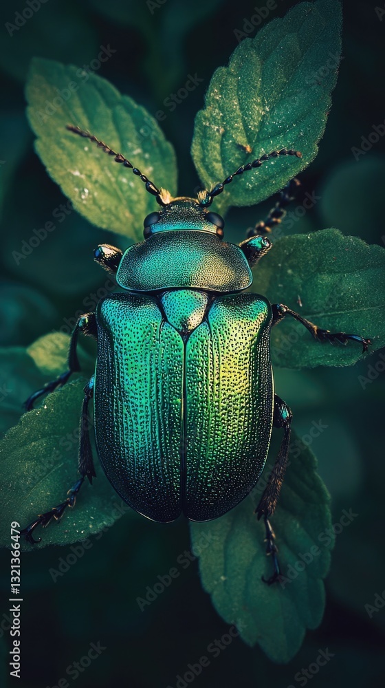 Poster a small green beetle sits atop a leaf, highlighting its tiny size and camouflaged color