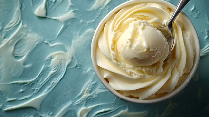 Spoon is in a bowl of ice cream. The bowl is white and the ice cream is creamy