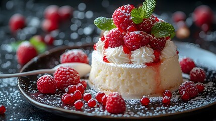 Dessert with whipped cream and raspberries on top. The dessert is served on a black plate with a spoon next to it