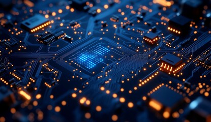 Illuminated circuit board, microchips, technology background for engineering use