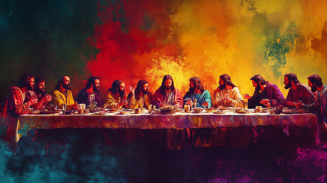 The Last Supper: A Watercolor Biblical Illustration Depicting Jesus and His Disciples on Maundy Thursday from the New Testament
