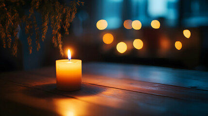 Aromatic candle casting a warm, glowing light on a rustic table with a soft bokeh effect