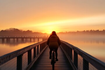 Fototapeta premium Cyclist rides on wooden pier towards sunset over calm waters in serene landscape