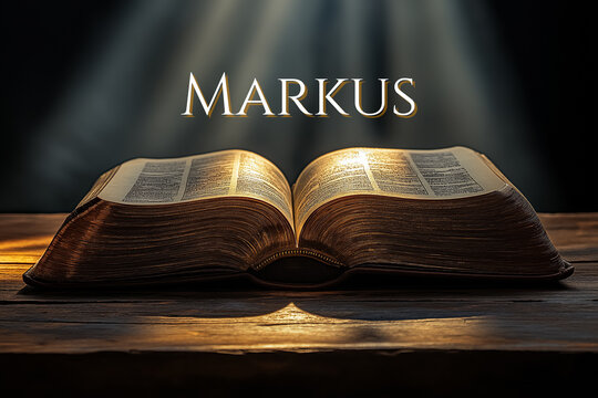 Book of Markus in german words: Open Bible on Wooden Table with Soft Lighting and dark background. Book of the New Testament - Powered by Adobe