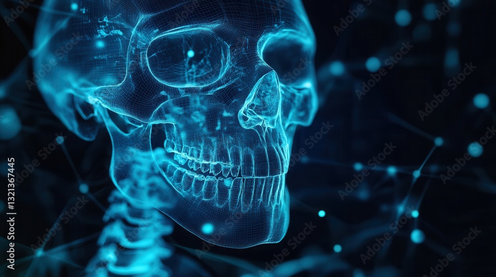 Aufkleber blueprint displaying jawbone implants with glowing outlines in dark medical background showcasing de