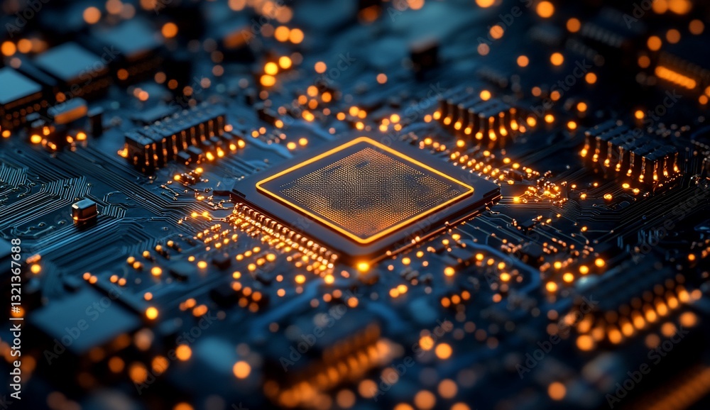 Poster glowing cpu microchip close-up tech abstract background for computer engineering