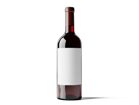 A premium wine bottle with white blank label for mock-up, deep red reflections, high-end advertisement lighting, white background.