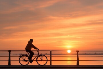 Obraz premium Bicyclist enjoying a sunset ride along the waterfront promenade in a serene evening atmosphere