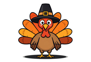 Turkey animal wearing pilgrim hat, suitable for Thanksgiving concept, white background, funny cartoon