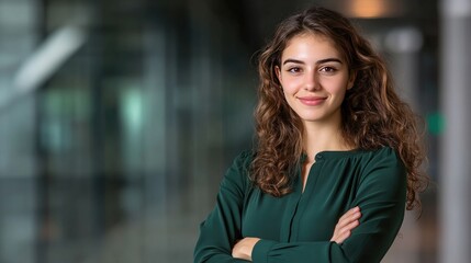 Fototapeta premium A smiling woman in a green blouse poses with her arms crossed in a stylish office, showcasing professionalism and confidence
