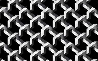 Seamless interwoven 3D wireframe cube lattice in monochrome, refined optical illusion luxury pattern, sophisticated futuristic refinement