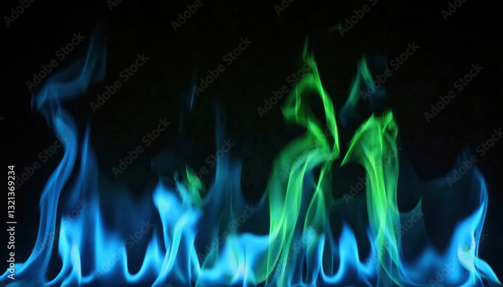 Poster ethereal blue and green flames dancing against a dark background, creating a surreal and mystical fi