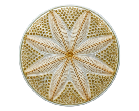 Detailed microscopic view of circular diatom algae cell on a transparent background