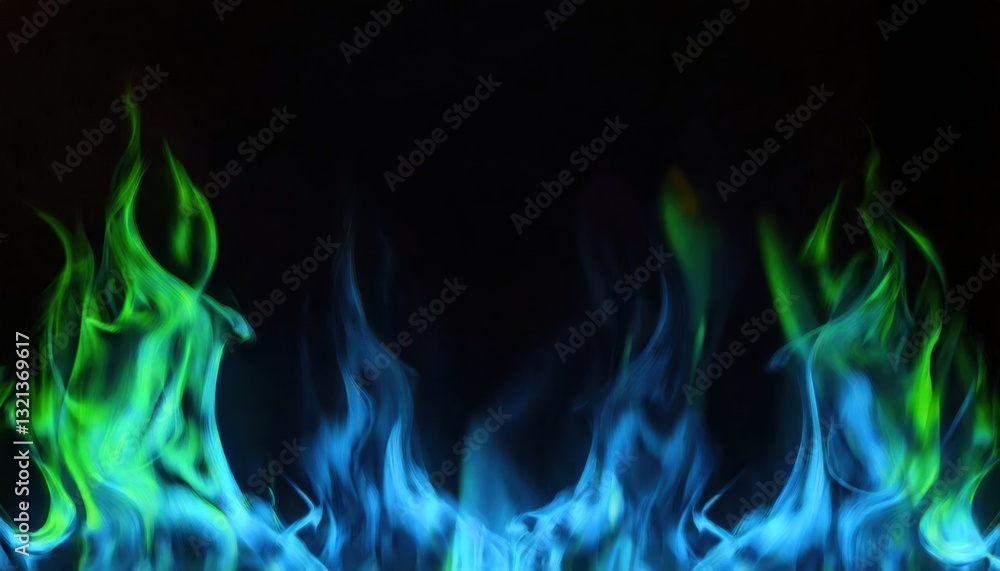Poster ethereal blue and green flames dancing against a dark background, creating a surreal and mystical fi