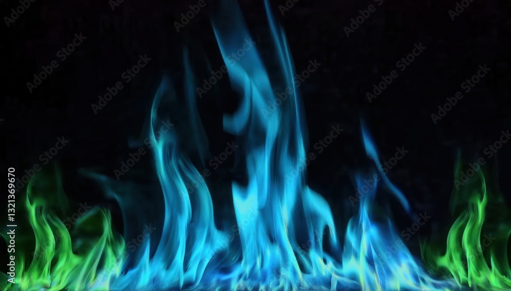 Poster ethereal blue and green flames dancing against a dark background, creating a surreal and mystical fi