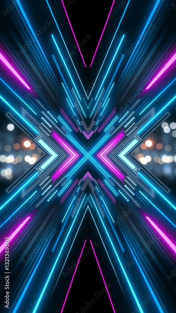 Poster abstract image of intersecting blue and pink neon lines forming a symmetrical pattern against a blac