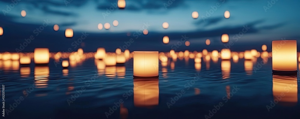 Aufkleber dramatic nighttime abstract background idea. serene view of illuminated lanterns floating on calm wa