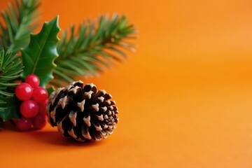 Pine cone on orange background with festive holly leaves, festive, greenery, cone