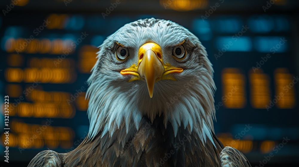 Poster a bald eagle is prominently featured, gazing intently at the viewer. its feathers are intricately de