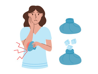 Young woman applying ice to her bruised arm. Vector of ice pack to help with bruises, wounds, burns