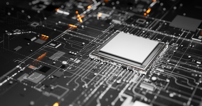 Computer chip mockup on circuit board with glowing lights, electronic components, intricate pathways, representing technology, hardware, and digital innovation