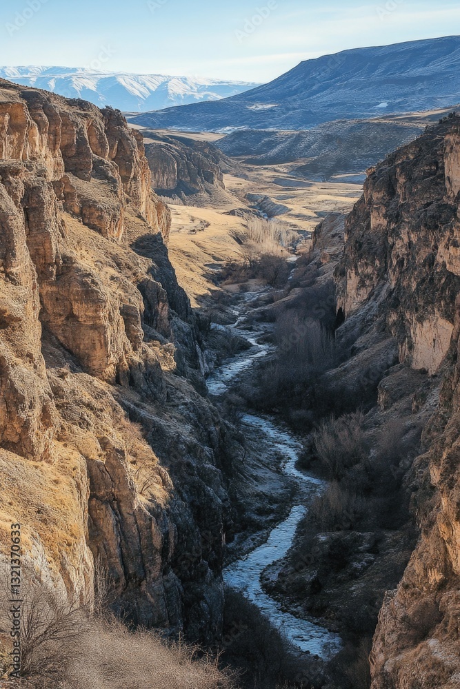 Poster a scenic view of a canyon with a winding river flowing through it