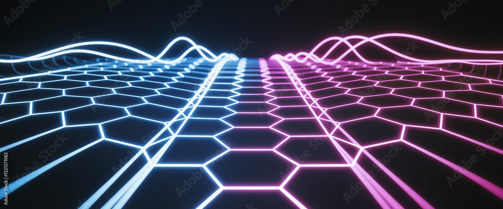Poster abstract hexagonal grid with neon blue and pink glowing lines, creating a dynamic, futuristic patter