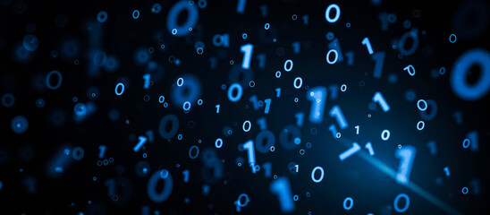 Abstract digital binary code pattern with glowing blue numbers on dark background, tech, programming, and computer science visuals and presentations