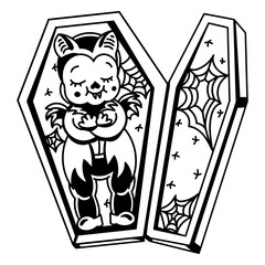Cute Vampire in Coffin Illustration: An adorable, cartoon-style vampire rests peacefully inside an ornate coffin. A whimsical and charming depiction for Halloween.