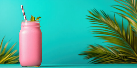 Obraz premium Fast food, Refreshing pink drink in a jar with a straw, set against a vibrant turquoise background and green palm leaves.