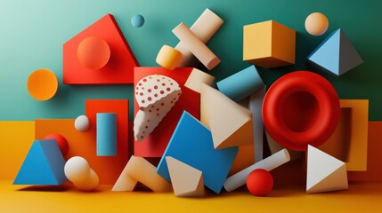 Fototapeta premium A vibrant arrangement of colorful geometric shapes and an ice cream cone.