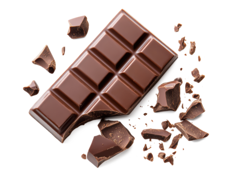 A rich chocolate bar with broken pieces showing creamy texture, ultra-realistic lighting, white background.
