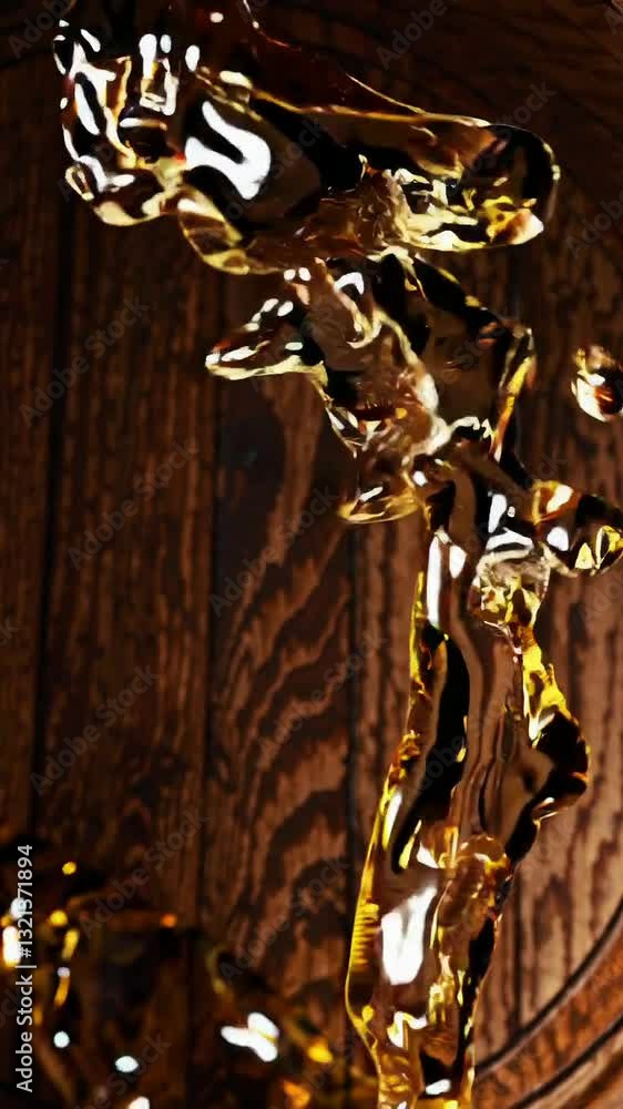 Poster golden liquid splashing against wood surface in dynamic motion sequence