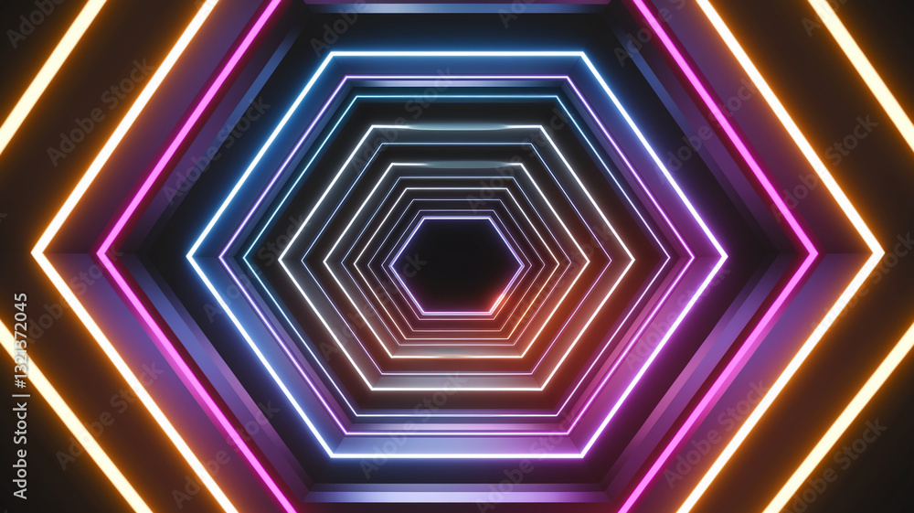 Poster abstract hexagonal tunnel with neon lights in pink, blue, and orange hues, creating a vibrant and fu