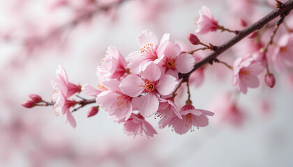 Obraz premium Pink Cherry Blossom in Spring Isolated On White Background.