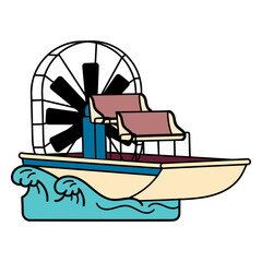 Airboat on Water: A stylized airboat glides over stylized water, the fan propelling it forward with power. Illustrating innovation and adventure. 