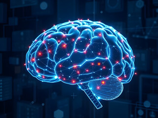 An artificial intelligence brain hologram, representing machine learning and data processing
