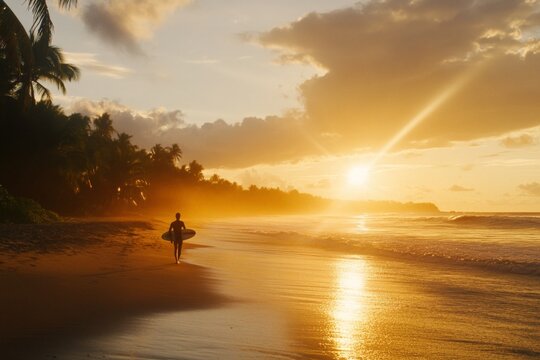 Surfer walks along the beach at sunset near tropical palm trees and ocean waves in a serene coastal location