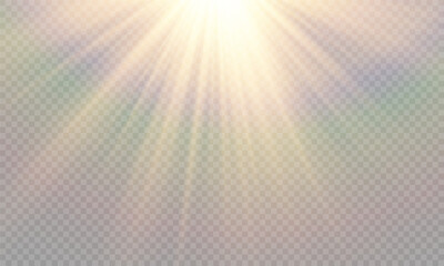 Vector transparent yellow sunlight lens flare effect. Radiant sun rays. Warm glow. Natural glare. High-quality light burst for design and photo overlay.	
