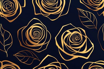 Seamless symmetrical gold rose patterns on deep sapphire, refined Gatsby floral Art Deco luxury pattern, sophisticated 1920s high-end glamour