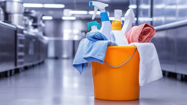 Cleaning action with sanitation bucket and solutions in commercial kitchen environment for effective hygiene management