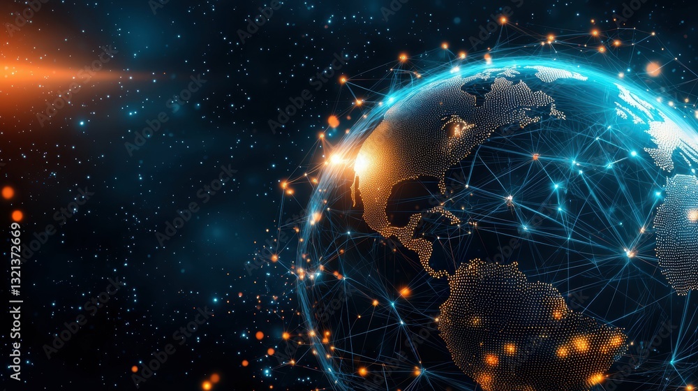 Poster global connectivity through technology digital world 3d rendering nighttime aerial view innovative c
