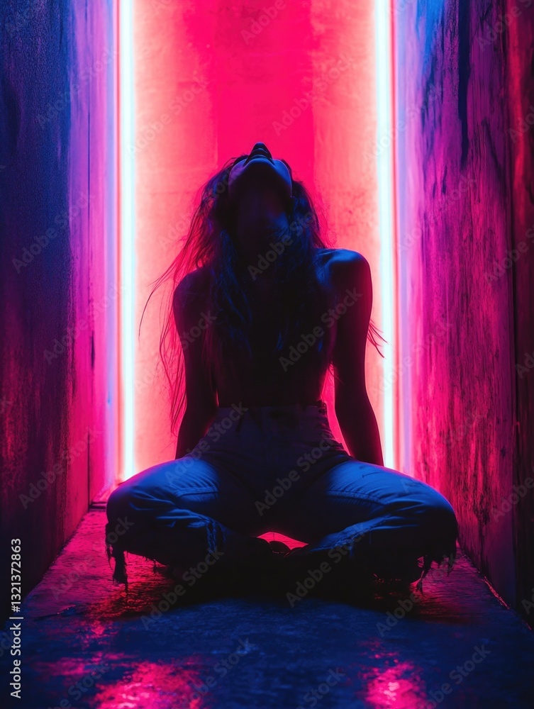 Aufkleber A person sitting on the floor in a darkened space with no apparent light source