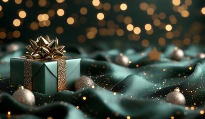 Elegant green present on silk fabric with ornaments and bokeh in the background
