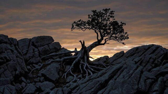 Silhouette of a tenacious tree clinging to life on a rocky mountainside during a vibrant sunset