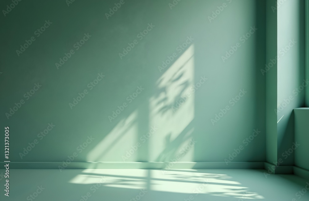 Poster indoor studio with green wall, leaf shadows from window. empty room background for product display, 